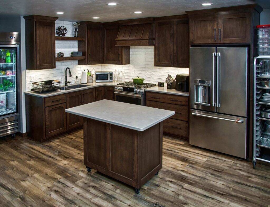 Modern kitchen with wood cabinets and island